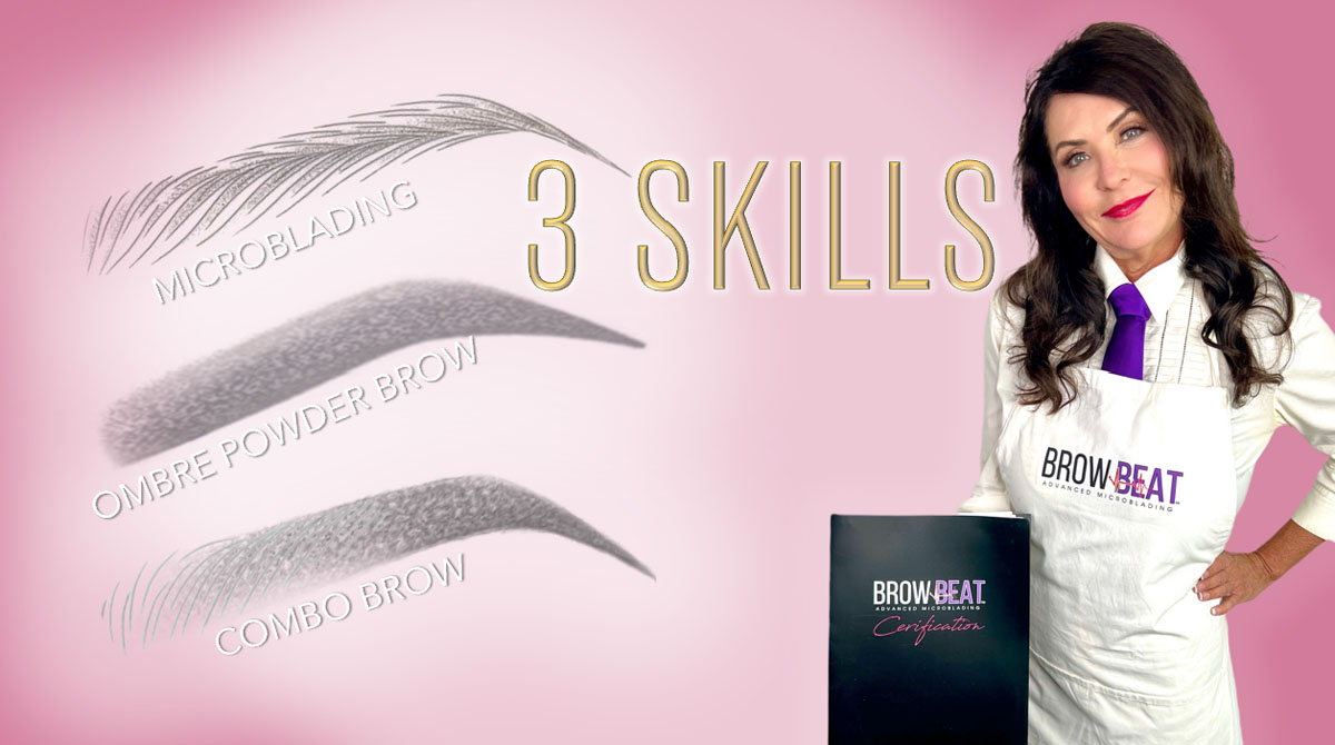 Side-by-side examples of microblading hair strokes, ombré powder shading, and combo brows from Dallas certification course