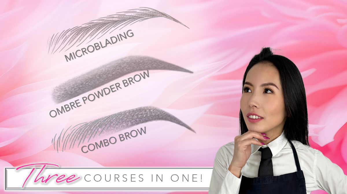 Training materials showing three brow certification courses in one Printed documents describing microblading, ombré, and combo training