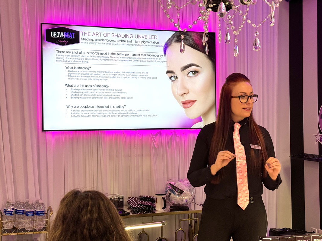 Presentation during Dallas brow certification course Classroom presentation explaining brow techniques in Dallas training