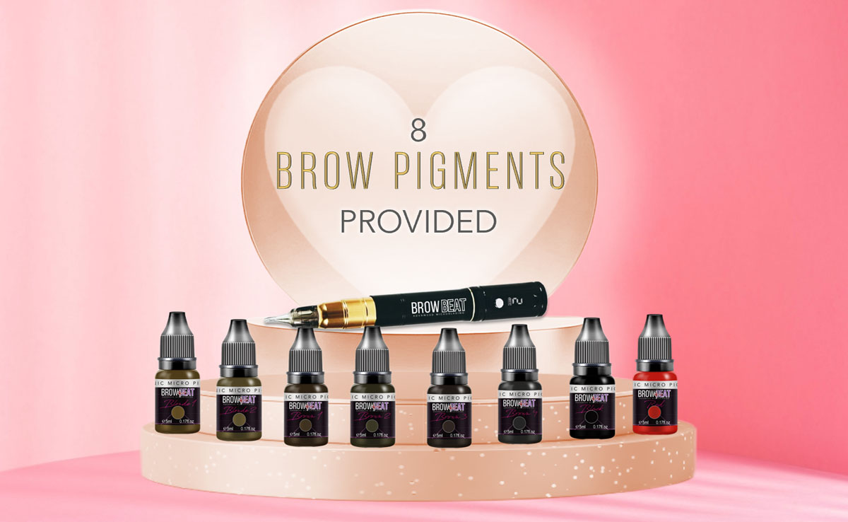 Professional pigment bottles for powder brow and microblading kit Close-up of pigments included in the certification kit