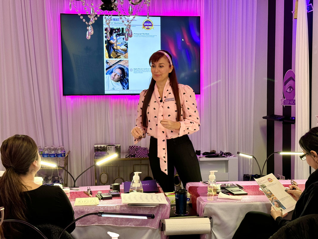 Ombré powder brow certification in Dallas Texas showing professional tool setup and sanitation workflow inside BrowBeat 3 in 1 microblading and shading course